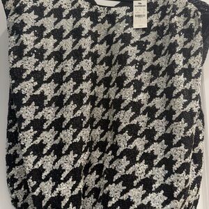 Express Houndstooth Sequin Blouse in Black and White